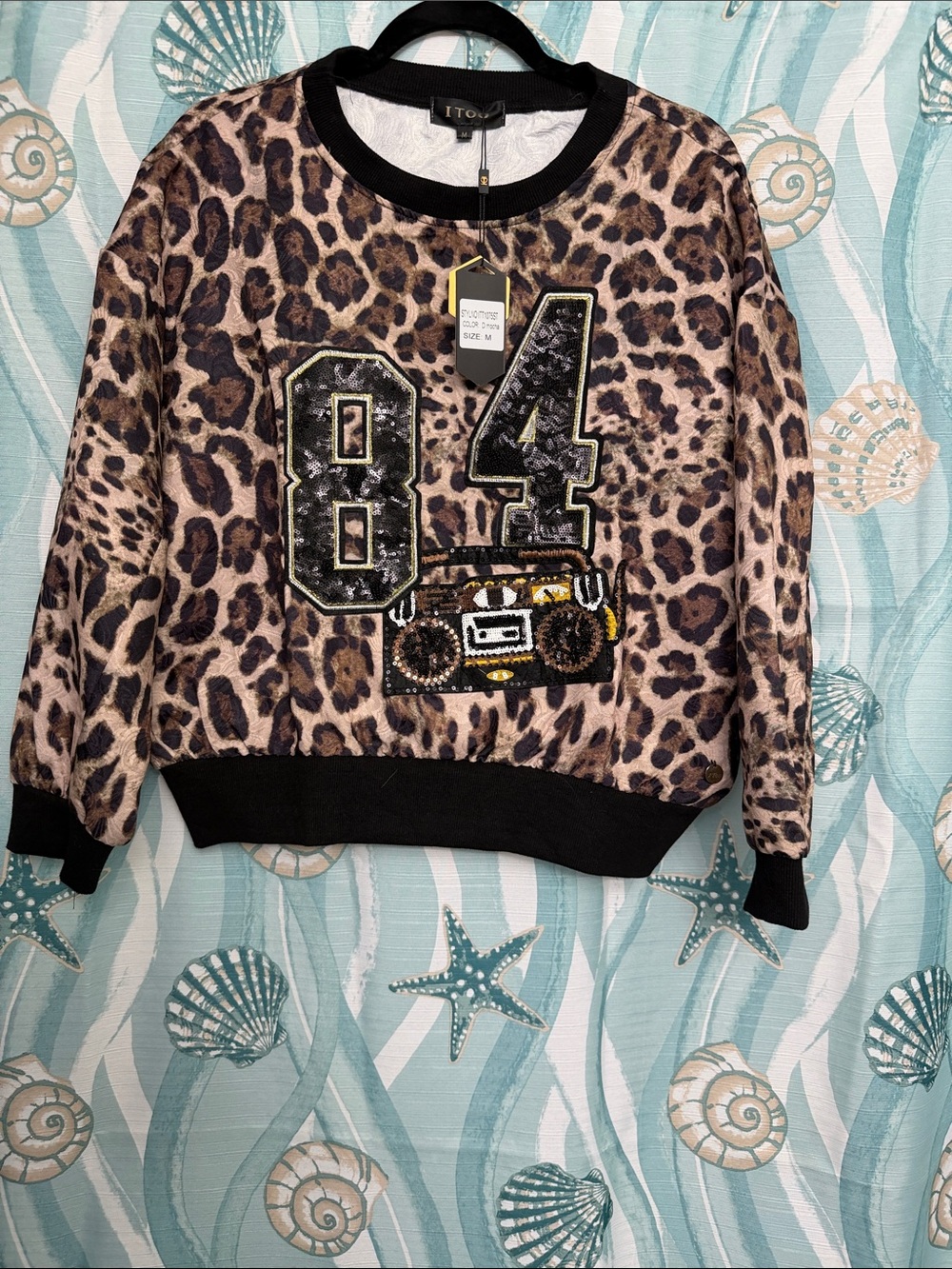 Leopard Print '84' Sequin Sweatshirt with Boombox Applique